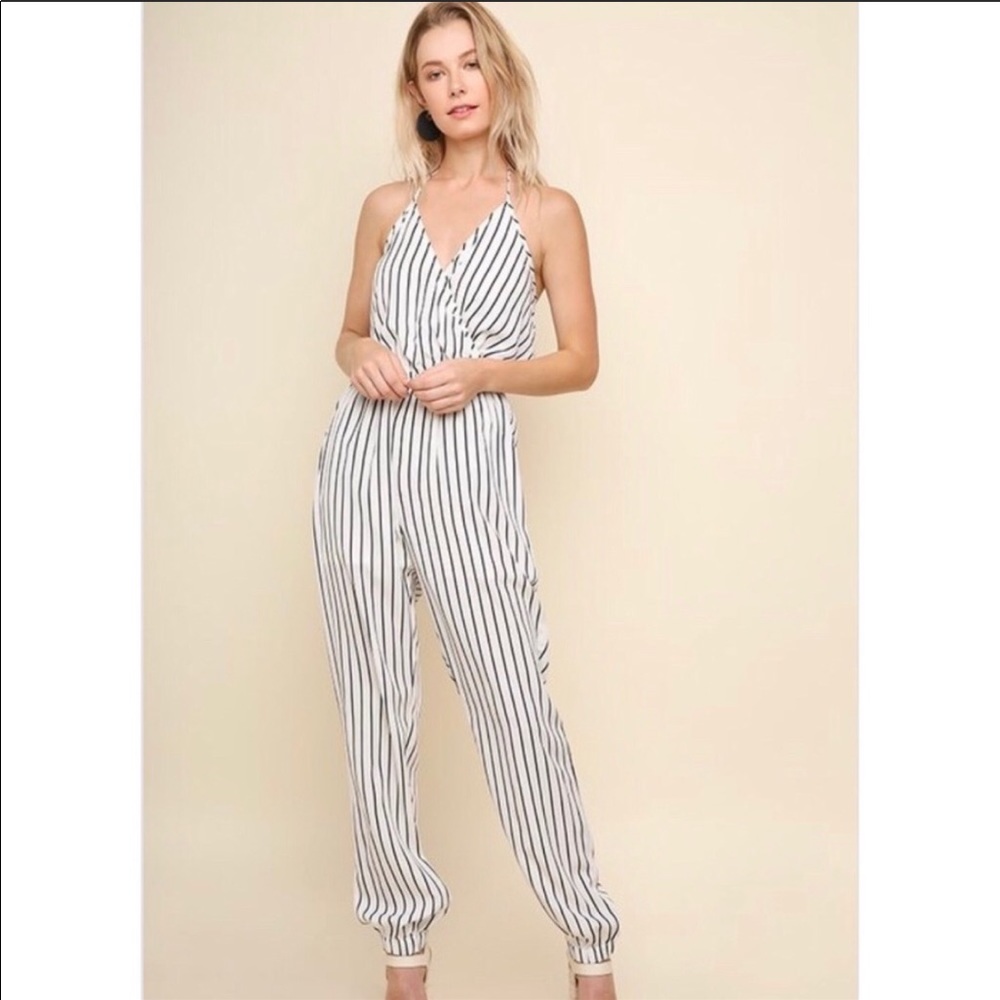 NWT Umgee Black & White Striped Jumpsuit Medium